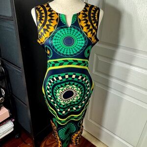 Navy, Gold, Green Midi Body Con Dress - L
